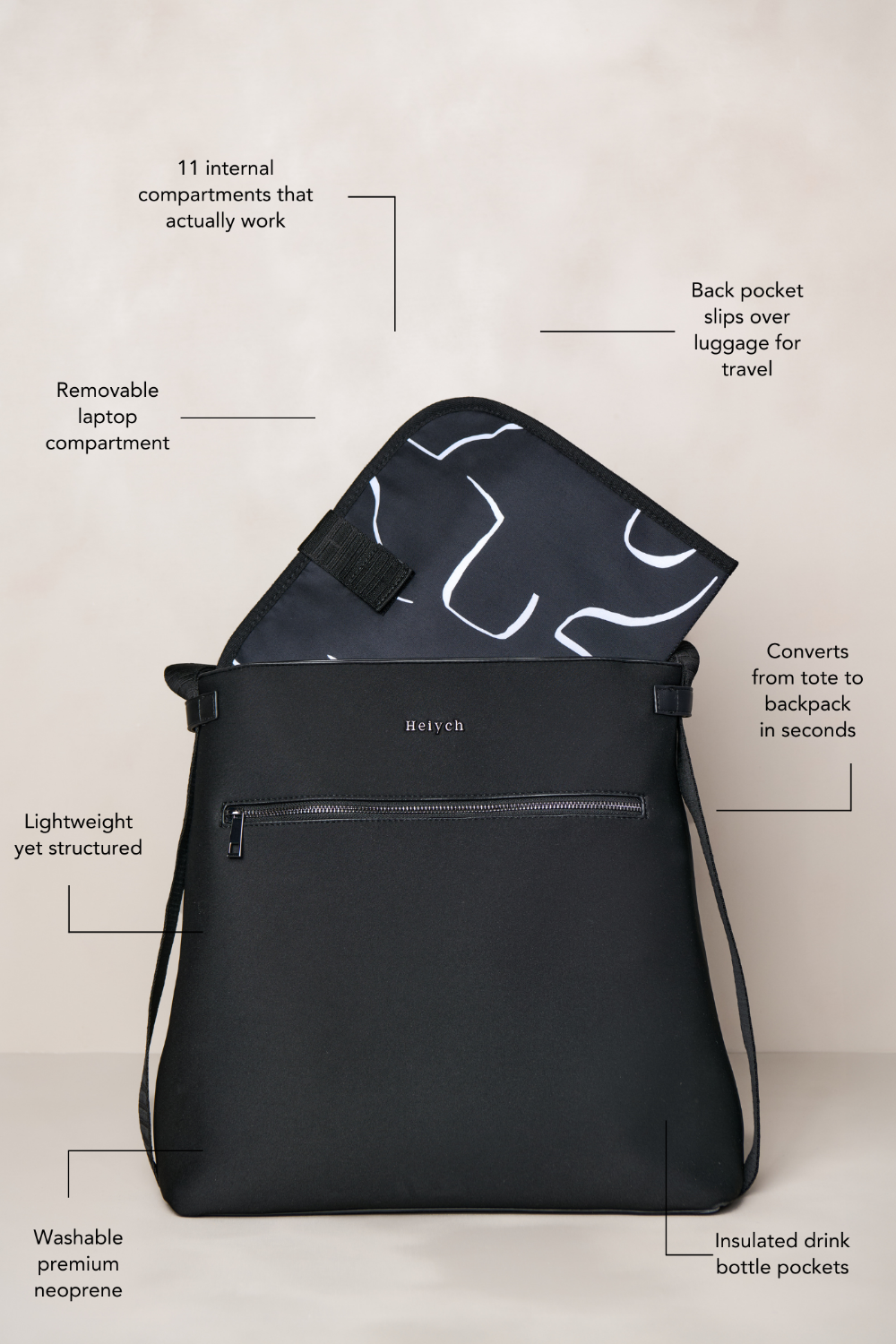 Black convertible tote backpack bag in neoprene with gunmetal hardware