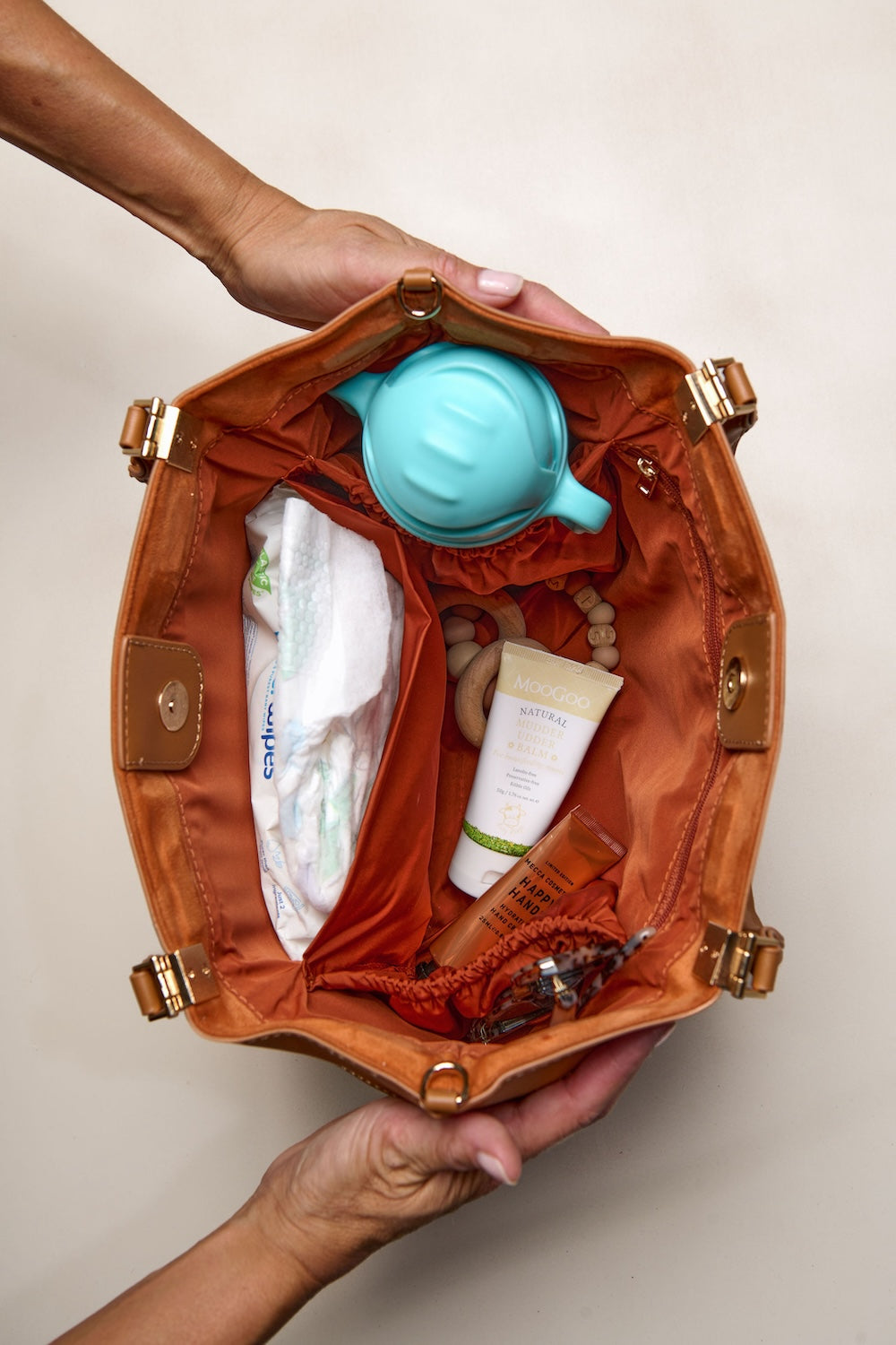 Tan Cognac tote inside