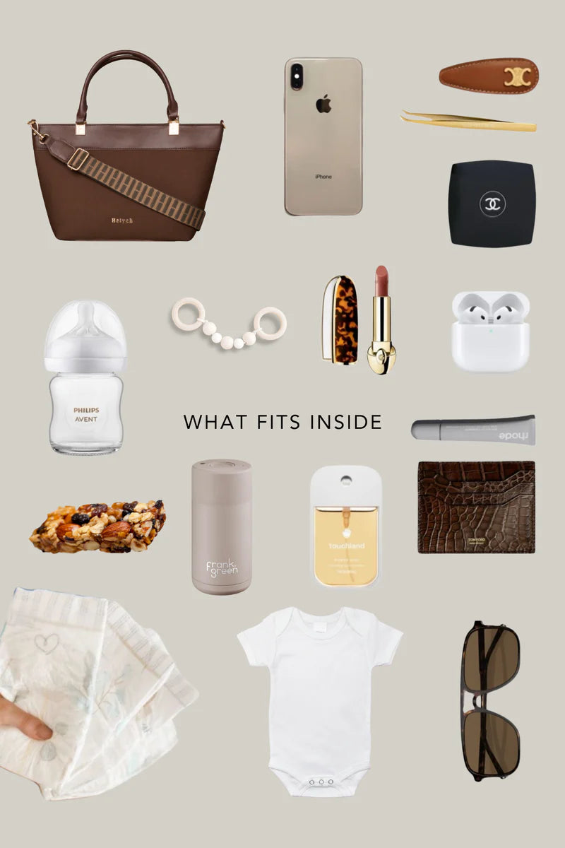 Chocolate brown bag with items that fit inside