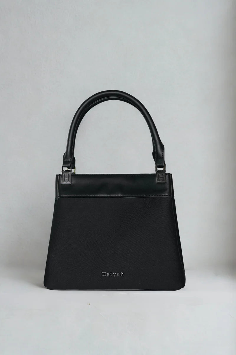 Black neoprene crossbody tote bag with handle and adjustable strap