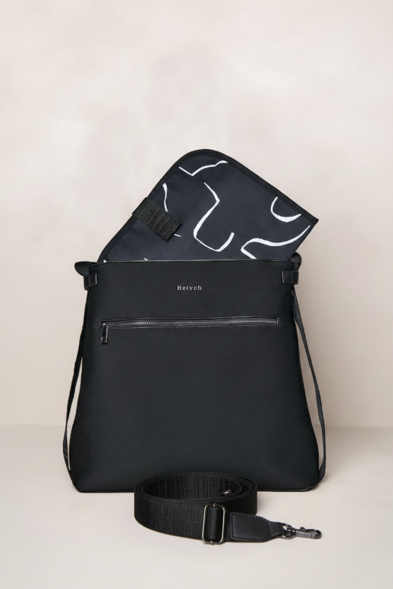 black backpack and crossbody strap on a light background