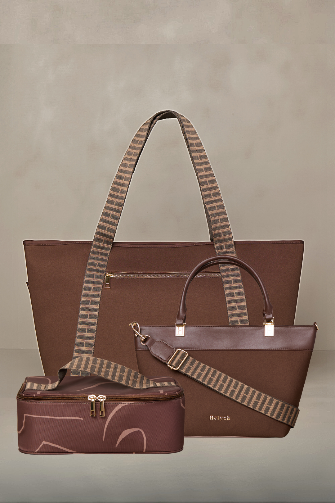 Brown chocolate handbag with striped strap on a beige background