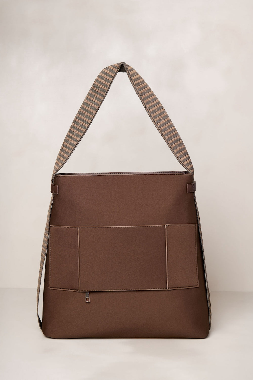 Chocolate brown convertible tote backpack bag in neoprene with gold hardware and pockets 