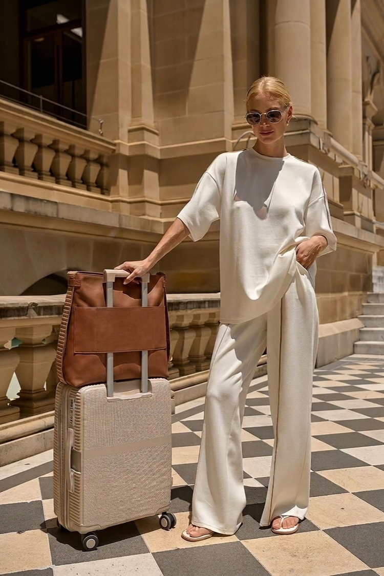Woman in a white outfit standing next to a suitcase and Tan Cognac bag in an elegant building setting.