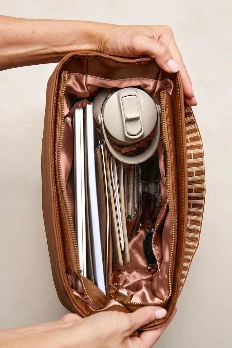 Tan Cognac bag with travel essentials including a bottle and laptop on a neutral background
