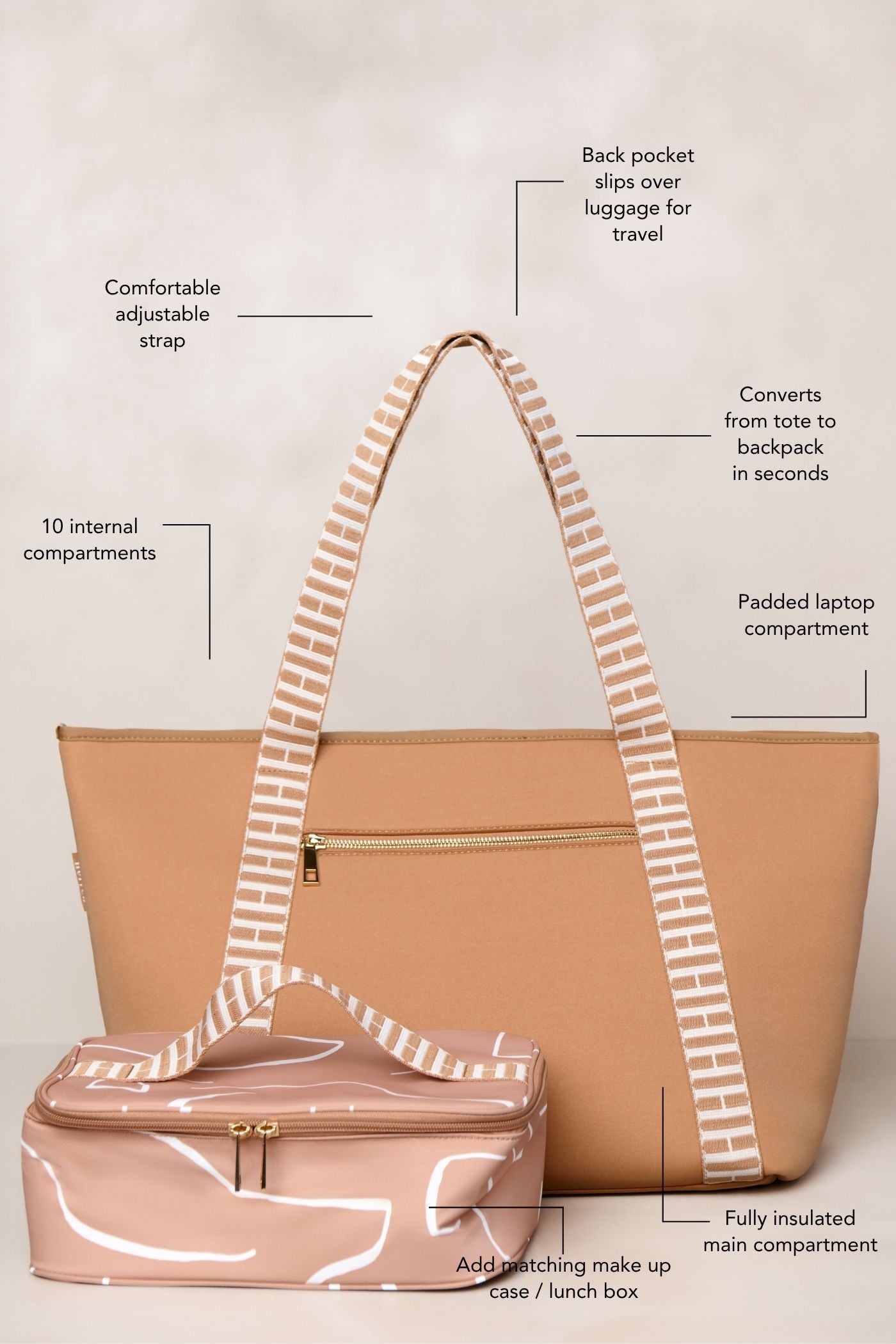 Tan tote bag with striped strap and matching lunch box on a beige background