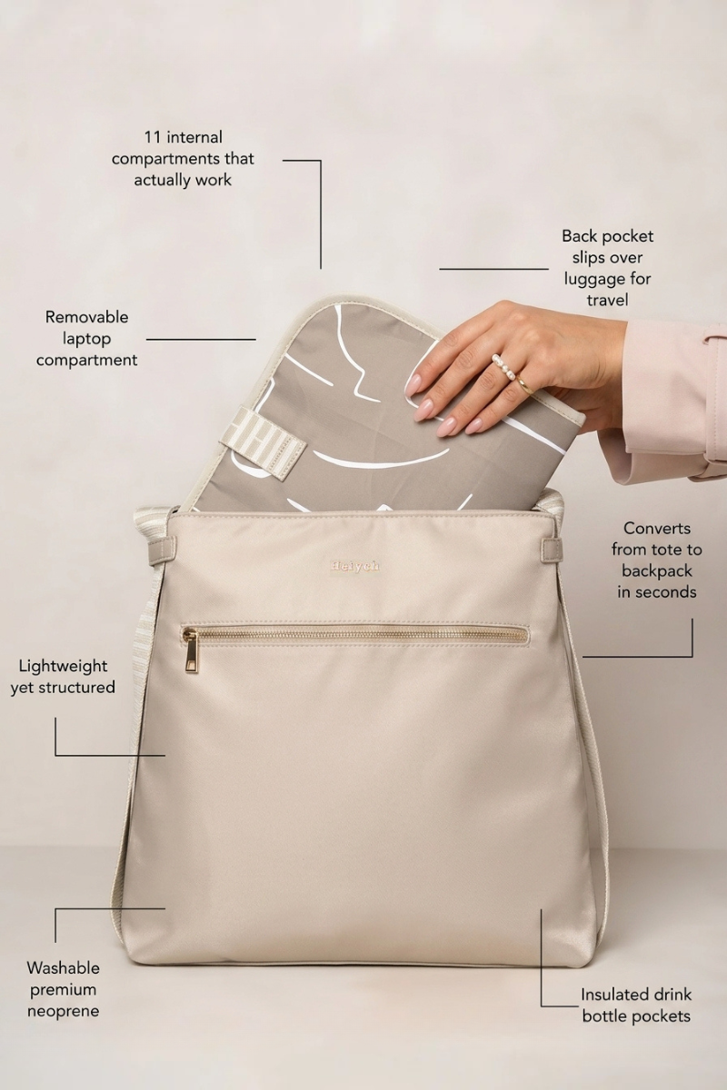 Taupe Beige tote backpack with features highlighted on a light gray background