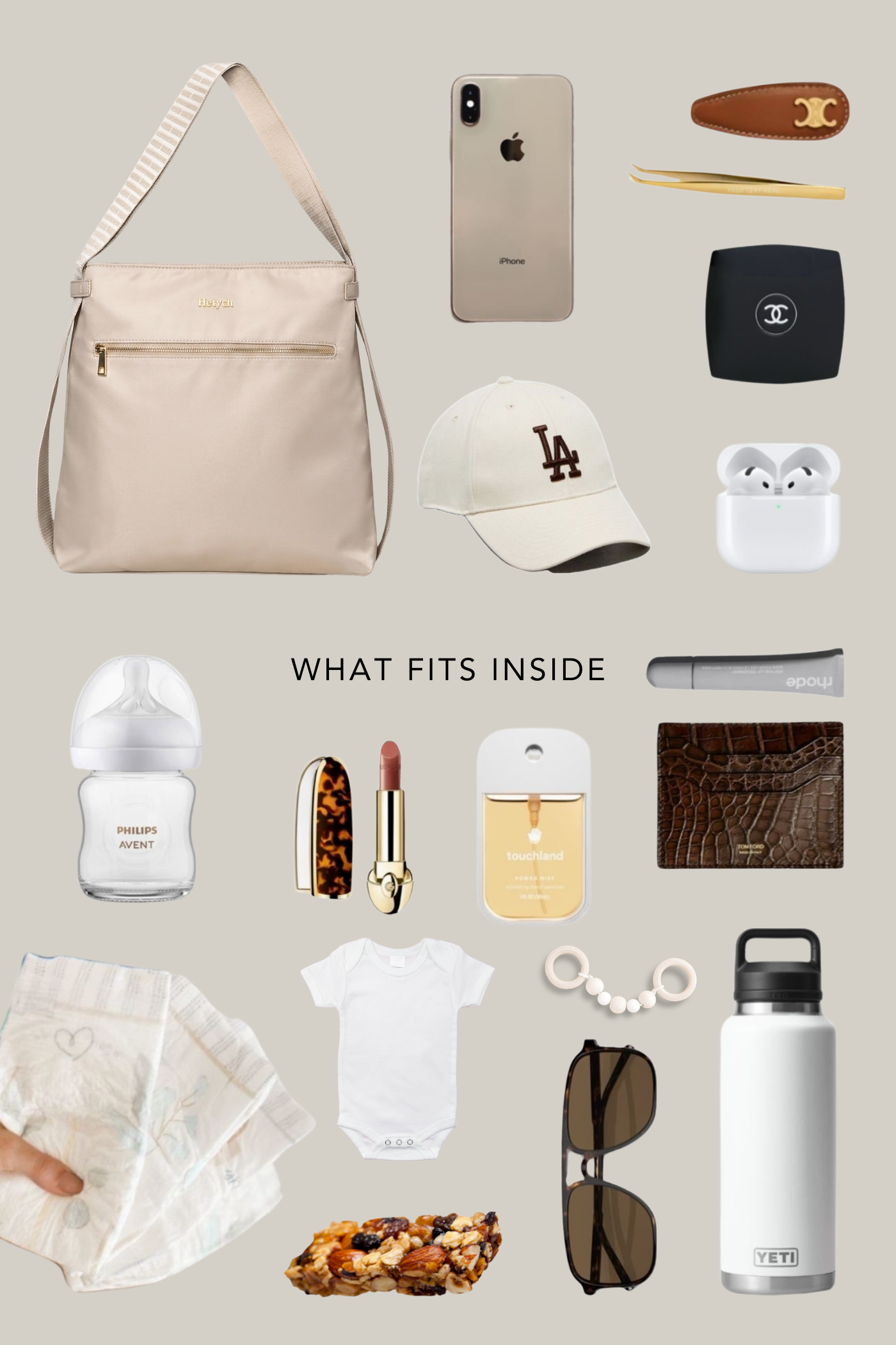 Collection of everyday items including a taupe beige bag, phone, hat, and various personal items on a light gray background.