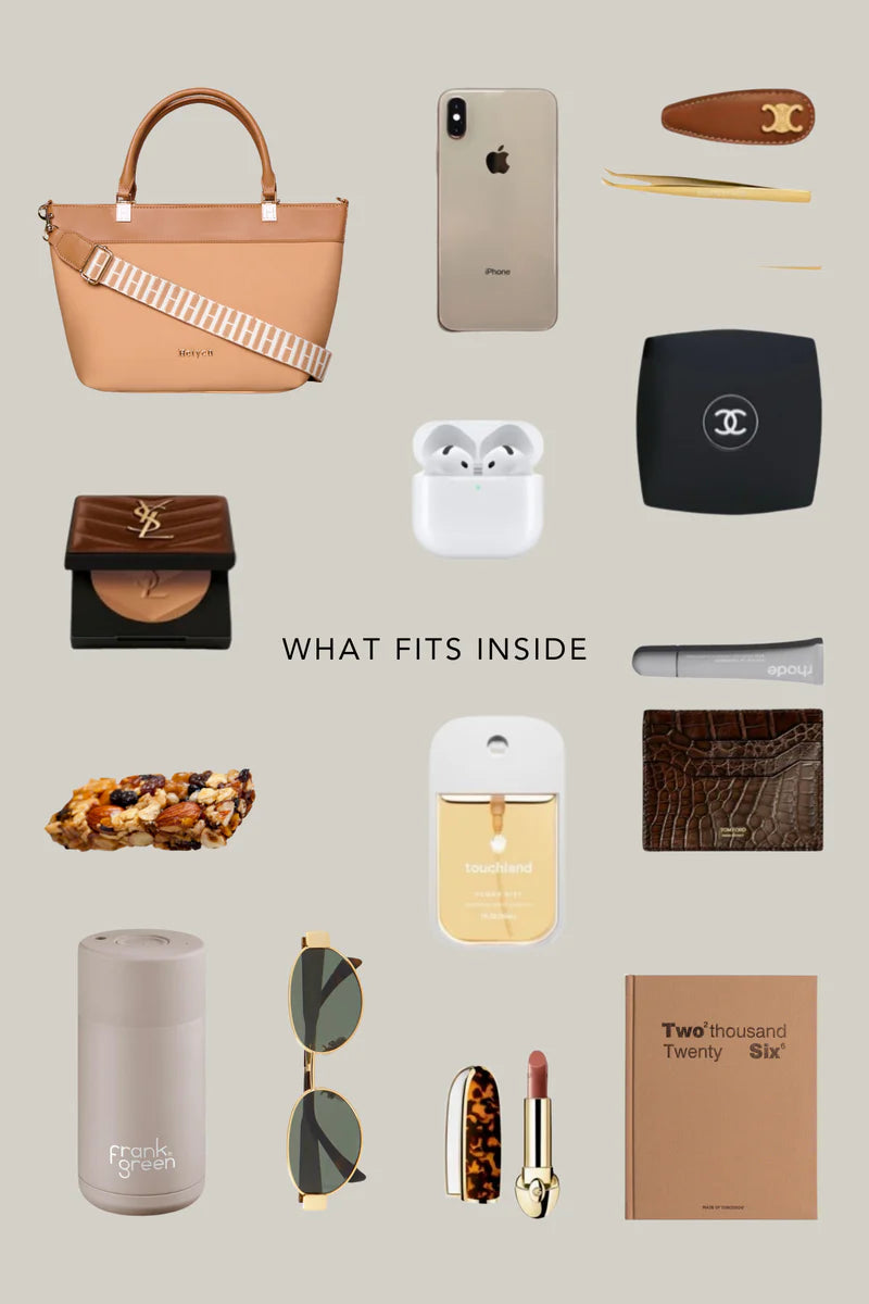 Tan Cognac bag with what fits inside