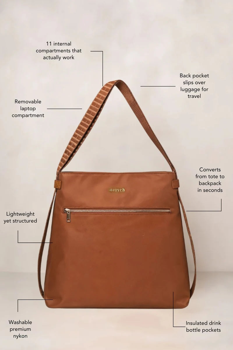 A tan cognac shoulder bag with multiple feature callouts and text labels explaining its compartments, laptop compartment, back pocket, convertible backpack function, and materials. The bag is centered against a light beige background.